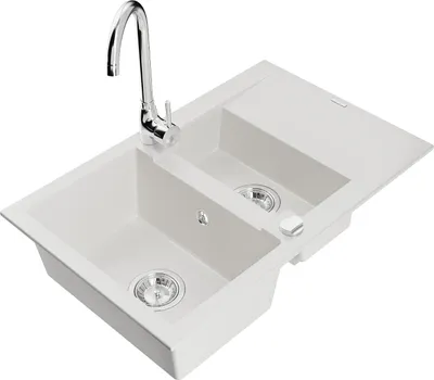 Immagine prodotto di Mexen Gaspar lavello in granito 1,5 vasche con sgocciolatoio e rubinetto da cucina Telma, bianco - 6507-20-670200-00