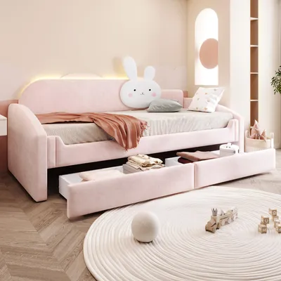 Immagine prodotto di Letto per bambini Merax, 90 x 200 cm, con illuminazione a LED, schienale con cuscini a forma di coniglio, divano letto con braccioli imbottiti, letto imbottito con rete a doghe, colore rosa