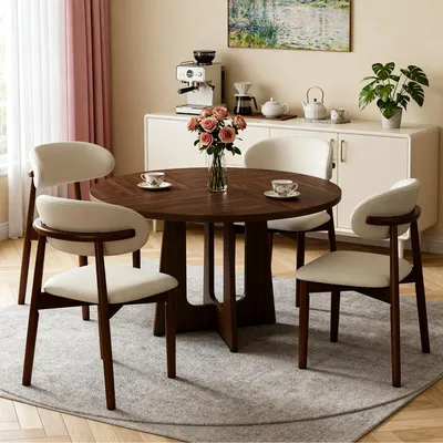 Produktbild von MODFU Esszimmer Set 5-teilig aus Rundtisch und 4 Stühlen, Runder Esstisch mit Walnussoptik MDF, Stühle aus massivem Eichenholz mit Furnier, Tischgruppe
