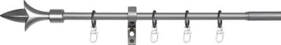 A silver curtain rod with finials and rings on a white background.