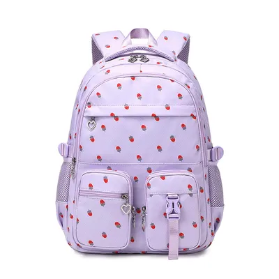 Produktbild von Rucksack,Süßer Schulrucksack für Mädchen, Erdbeer-Print, wasserabweisend, Campus-Stil, Nylon für Uni Schule,31*16*42cm,Lila