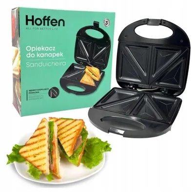 Zdjęcie produktu dla Hoffen Sandwichmaker 750W, czarny - z powłoką nieprzywierającą i zabezpieczeniem. Moc: 750W. Hoffen