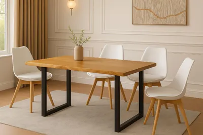 Produktbild von 5 TLG. Essgruppe Josy | Esstisch mit 4 Stühlen | 120x80 cm mit Baumkante | Holz Wildeiche-Optik | 40 mm Platte | U-Gestell Schwarz | 4X Schalenstuhl Weiß + Buche-Gestell