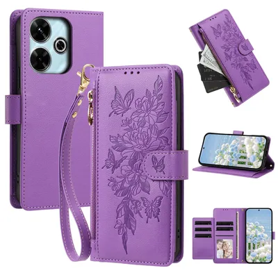 Image de Étui pour Xiaomi Poco M6 5G/C65/Redmi 13C, étui en cuirPolyuréthanede type portefeuille avec compartiments, support pour cartes et dragonne, couleur violet