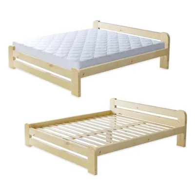 Two views of a wooden bed frame, one with a mattress and one without.