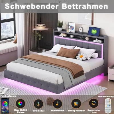 Obrázek produktu pro okwish Čalouněná postel 160x200 cm s USB portem a LED osvětlením, funkční úložná manželská postel s úložným čelem (bez matrace) - béžová
