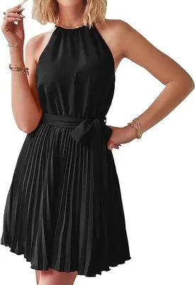 Produktbild von Damen Sommerkleider mit Neckholder, Ärmelloses Strandkleid mit Gürtel, Plissiert, A-Linie, Cocktailparty Minikleid