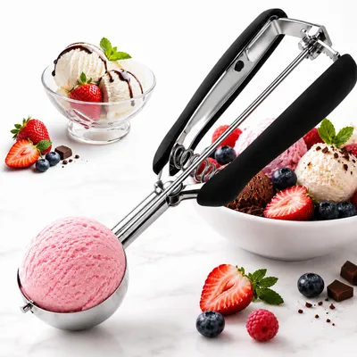 Produktbild von Eisportionierer Edelstahl 22 cm – Eislöffel für Eiskugeln, 304 Edelstahl mit Auslöser, robust, für Eiscreme, Teig, Melonenkugeln, spülmaschinenfest, KI-generiertes Bild