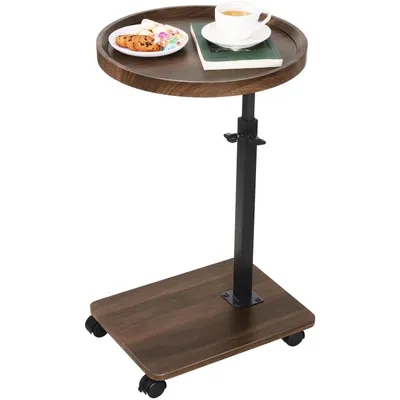 A mobile side table with a wooden top and base, and a black metal stand, shown against a white background.