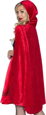 A woman wearing a red hooded cape and a black dress, posing for a product image.
