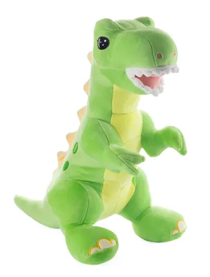 A plush toy dinosaur is shown against a white background.