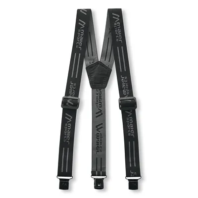 A pair of black suspenders with gray accents and branding.