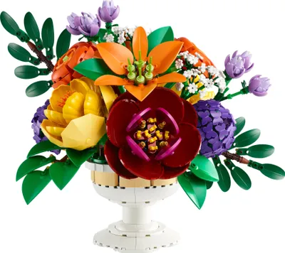 Produktbild von LEGO Botanicals Blumengesteck mit künstlichen Kamelien, Pfingstrosen, Hortensien, Ranunkel, Lilien in weißer Vase - Blumen Deko - DYI Bauset für Erwachsene - Pflanzen Geschenkidee 10345