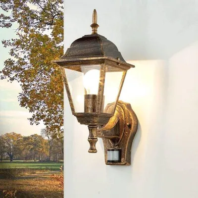 Obrázok produktu pre Rustikálne vonkajšie svietidlo s pohybovým senzorom IP44 E27 – nástenná lampa do záhradného domčeka a na terasu