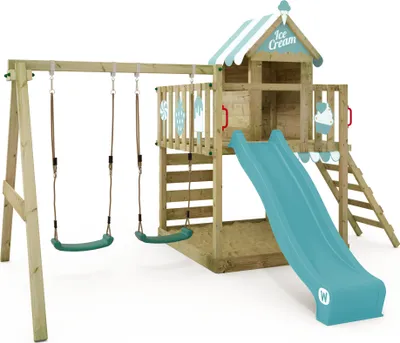 A wooden playground set with a slide, swings, and a small playhouse designed to look like an ice cream stand.