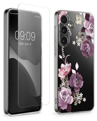 Produktbild von kwmobile Hülle kompatibel mit Samsung Galaxy A55 5G Handyhülle - Silikon Case transparent - Mit Glas Schutzfolie - Blumenblüten und Rosen Pastelllila