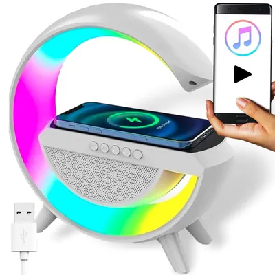 Zdjęcie produktu dla GŁOŚNIK LAMPKA NOCNA LED gamingowa RGB Bluetooth ładowarka indukcyjna 10W radio AUX SD USB C biały