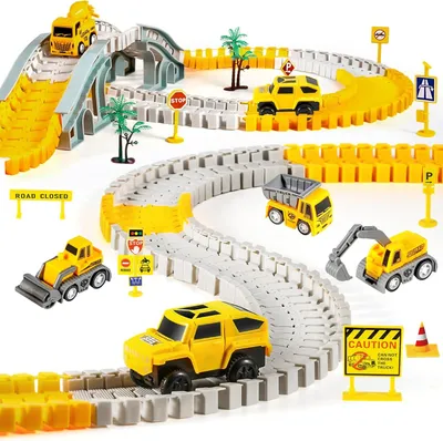 Produktbild von Kizplays Autorennbahn 260 Teile – Flexible Rennstrecke mit 2 elektrischen Rennautos, 4 Baufahrzeugen, Brücke, Verkehrszeichen & Zubehör, STEM Konstruktionsspielzeug, Rennbahn für Kinder ab 3 Jahren