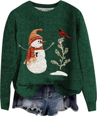 Produktbild von ASKSA Damen Lustige Weihnachtspullover Strickpullover Winter Rundhals Pulli Christmas Sweater Langarm Oberteile Warm Weihnachtspulli,A-Gruen,L