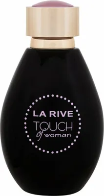 A black perfume bottle with a gold cap and pink accent.