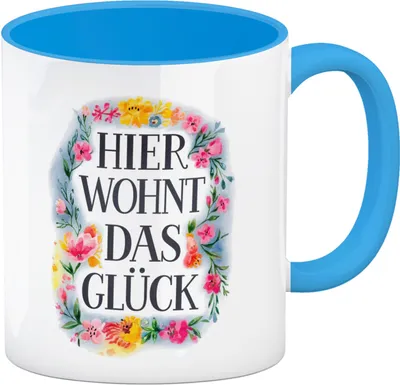 Produktbild von Hier wohnt Glück Kaffeebecher in hellblau Blumenkranz