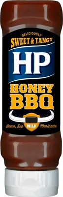 A bottle of HP Honey BBQ sauce against a white background.
