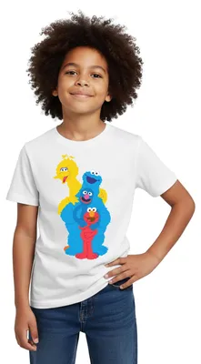 Produktbild von Spreadshirt Sesamstraße Elmo Grobi Krümelmonster Bibo Kinder T-Shirt, 122/128 (7-8 Jahre), Weiß