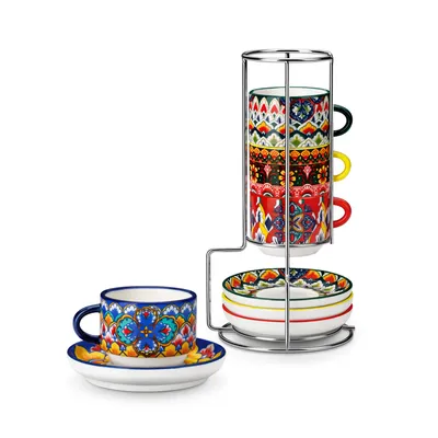 Obrázek produktu pro VANCASSO 4dílná sada šálků, porcelánová sada na espresso, kávový šálek s podšálkem, kovový stojan, 90 ml, styl boho