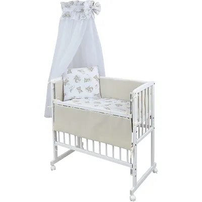 Produktbild von Baby-Delux Beistellbett Stillbett Babybett 90x40 weiß inkl. Matratze Bettwäsche Set komplett Waffelpique Bärchen Beige