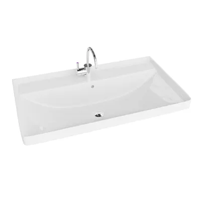 A white ceramic sink with a chrome faucet, presented on a white background.