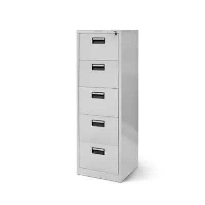 A light gray metal filing cabinet with five drawers is shown against a white background.