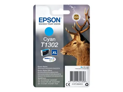 Produktbild von Epson Stag T1302 Hirsch DURABrite Ultra Single Cyan Tinte, High (L) Yield, Cyan, 10,1 ml, 1 Stück(e), Einzelpackung