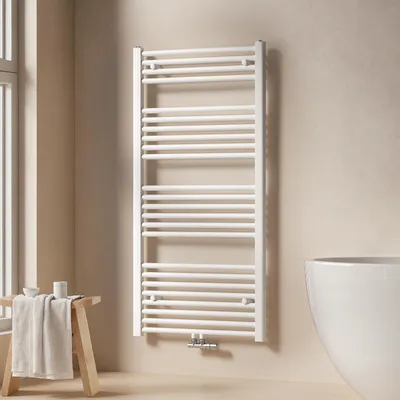 A white towel radiator is shown in a bathroom setting next to a window and a bathtub.