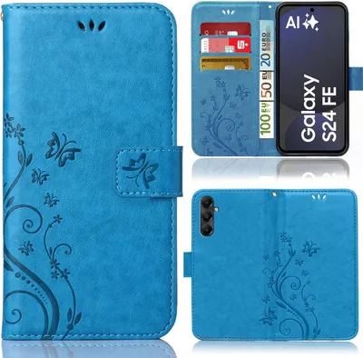 A collage of images showing a blue flip phone case with a floral and butterfly design, including views of the case open and closed, and a depiction of a phone inside.