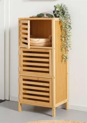 Produktbild von Beistellschrank "Luftig" aus Bambus, natur, 3 Türen, 77 cm hoch, schmale Kommode, Schrank, Flurkommode
