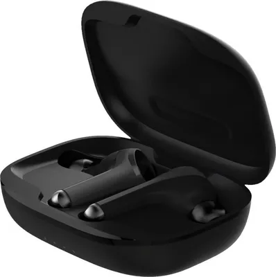 A pair of black wireless earbuds in their open charging case.