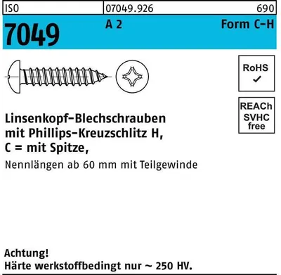 Produktbild von Reyher  Blechschrauben ISO 7049 A 2 6,3 x 22 -C-H A 2 (100 Stück)