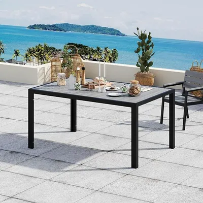 Imagen del producto de Mesa de jardín resistente a la intemperie, de 150 x 80 x 74 cm. Mesa de aluminio para exteriores con aspecto de madera, fácil de mantener, ideal para 4 a 6 personas (gris)