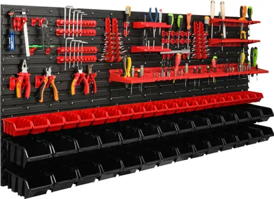 Image de Système de rangement Étagère d'atelier | 172 x 78 cm | 50 pièces Boîte | Étagère murale avec supports pour outils et bacs empilables - Panneaux muraux Étagère à bacs extra-robuste Panneau perforé pour outils Étagère de rangement Étagère de garage