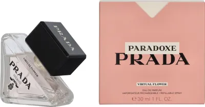 A perfume bottle and its packaging are shown against a white background.