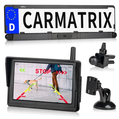 Produktbild von CARMATRIX Solar Funk Rückfahrsystem HD Rückfahrkamera im Nummernschild mit 2 PDC Sensoren Solarpanel (Versandrückläufer)