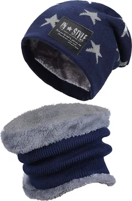 Produktbild von Kinder Mütze Schal Set, Fleecefutter, Sterne, Jungen 3-10 Jahre, A0214 Navy