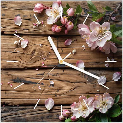 Produktbild von Wanduhr aus Glas mit Motiv Blüten auf Holz- 30 x 30 cm - inkl. Aufhängesystem