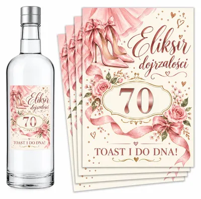 Obrázek produktu pro Etikety na lahve – k 70. narozeninám – „Eliksir Dojrzałości” – růžová – #147 – 8 ks