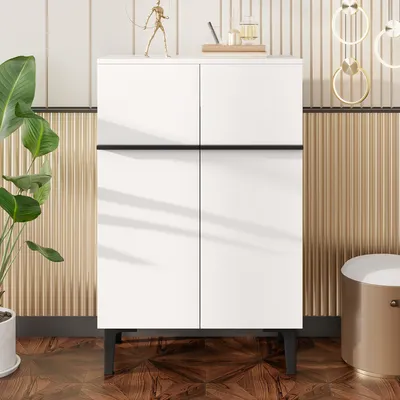 Image de Armoire à chaussures moderne à double porte, blanche et noire – Grand espace de rangement, étagères réglables, design peu encombrant 95 × 60 × 34,5 cm pour l'entrée