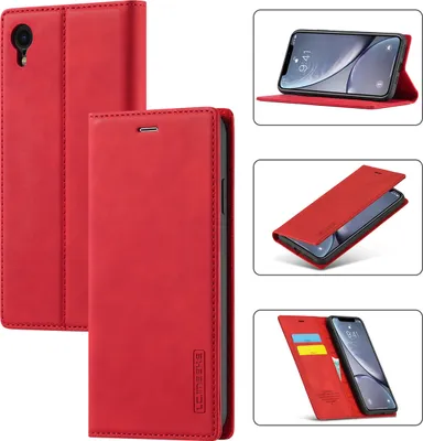 Collage of images showing a red iPhone XR wallet case from different angles and with different features.