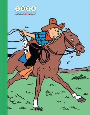Tintin and Snowy on a horse, with the year 2026 and 'Agenda Tintin Diary' text.