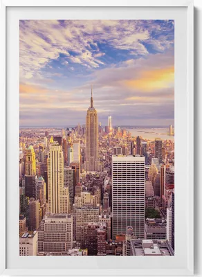 Produktbild von Sonnenuntergang in New York– Wandbild mit Rahmen – Gerahmtes Bild  – Wanddekoration – 70x100 cm –  Weiß Rahmen