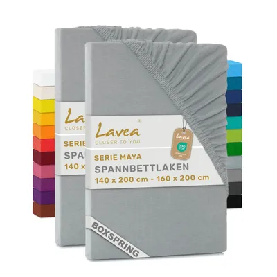 Produktbild von Lavea® 2er Pack Spannbettlaken 140/160x200 cm, Jersey Bettlaken 100% Baumwolle – Boxspringbetten, Wasserbetten, Matratzen bis 35 cm – Silber