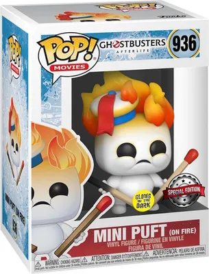 A Funko Pop! vinyl figure of a Mini Puft (On Fire) from Ghostbusters: Afterlife, displayed in its packaging.